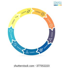 Circular infographic. Flat thin chart, graph, diagram with 9 steps, options, parts, processes with inner arrows. Vector business template in blue and yellow for presentation.