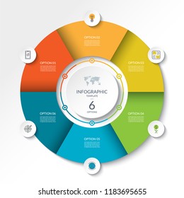 Circular Infographic Flow Chart. Process Diagram Circle With 6 Options, Parts, Segments. Vector Banner