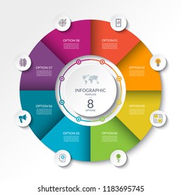 Circular Infographic Flow Chart. Process Diagram Circle With 8 Options, Parts, Segments. Vector Banner