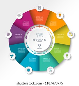 Circular Infographic Flow Chart. Process Diagram Circle Or Pie Graph With 9 Options, Parts, Segments. Vector Banner