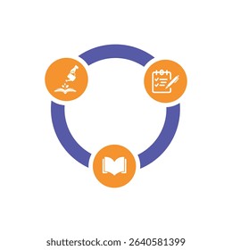 Circular infographic icon set isolated on white background.  Illustrates research, study, and planning processes.  Simple, clean design.