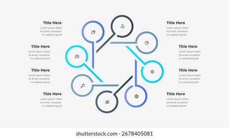 Diseño de infografía circular con 8 secciones editables con texto e iconos variados. Ideal para presentaciones de negocios y diagramas de flujo de trabajo