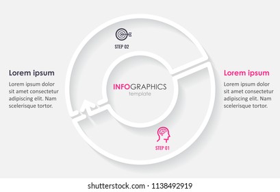 Circular Infographic minimal design template with icons and 2 options or steps.  Can be used for process diagram, presentations, workflow layout, banner, flow chart, info graph.