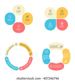 Infografía circular. Gráficos circulares de diferentes formas con secciones redondeadas. Diagrama con 4 pasos, partes, procesos. Elemento de diseño de vectores.