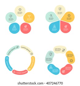 Circular infographic. Pie charts of different shapes with rounded sections. Diagram with 5 steps, parts, processes. Vector design element.