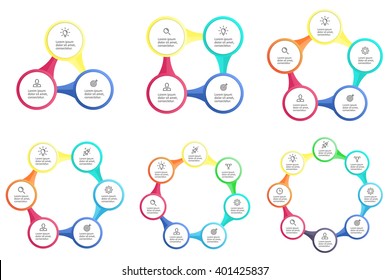 Circular infographic. Sequence of elements. Business charts, diagrams with 3, 4, 5, 6, 7, 8 steps, options, parts, processes. Vector template for presentation.