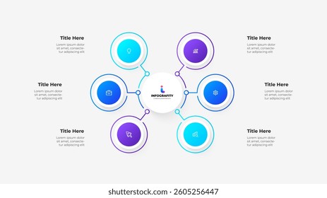 A circular infographic showcases interconnected concepts using minimalist design and vibrant colors, ideal for representing ideas, networking, or processes visually