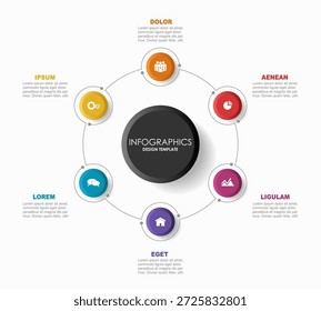 Infografía circular con seis segmentos etiquetados, ideal para presentar datos estructurados o conceptos en un formato visual. Ilustración vectorial.