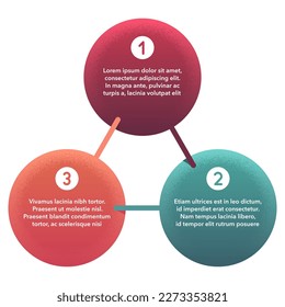 Plantilla de infografía circular. 3 pasos o puntos en colores diferentes y resaltados en textura gruesa