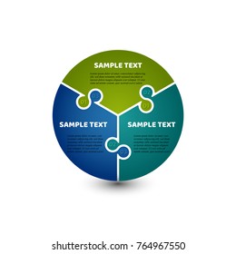 Circular infographic template with 3 steps. Bright colors and puzzle elements. For presentation and design concept. Vector illustration.