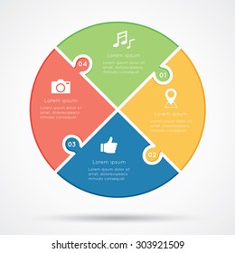 Circular Infographic Template Consisting Of Four Jigsaw Puzzle Pie Pieces In Red, Green, Yellow And Blue On White Background.