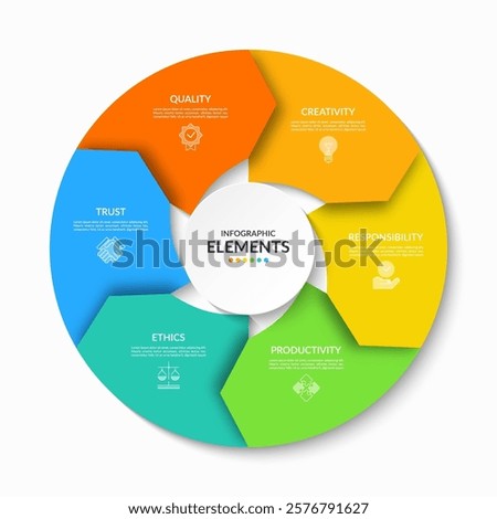 Circular infographic template divided into six colored sections. Perfect for business, education, marketing, visualizing data, simplifying complex information and making presentations more impactful
