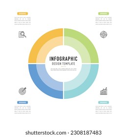 Circular infographic template or element with 4 pieces, step, process, option, colorful circle, pie, paper origami, icons, label, target, dart, quarter, minimal, modern style for sale slide, workflow