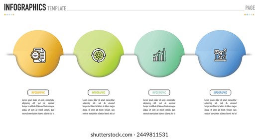 Circular infographic template or element with 4 step, process, option, colorful 3D circle, tag, button, label, icons, row, bar, funnel, fishbone, paper, origami for sale slide, web, flowchart