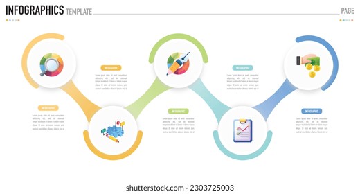 Circular infographic template or element with 5 step, process, option, colorful 3D circle, icons, button, label, paper origami, flat, semicircular, semi for sale slide, flowchart, workflow, brochure 