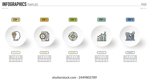 Circular infographic template or element with 5 step, process, option, colorful 3D circle, tag, button, label, icons, row, bar, funnel, fishbone, paper, origami for sale slide, web, flowchart