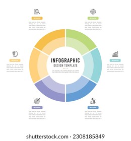 Plantilla o elemento infográfico circular con 6 piezas, paso, proceso, opción, pastel colorido, iconos, círculo, ciclo, etiqueta, origami de papel, objetivo, dardo, mínimo, estilo moderno para la venta diapositiva, diagrama de flujo