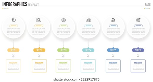 Circular infographic template or element with 6 step, process, option, colorful circle, rectangle, label, arrow, button, minimal style for sale slide, schedule, agenda, flowchart, workflow, roadmap
