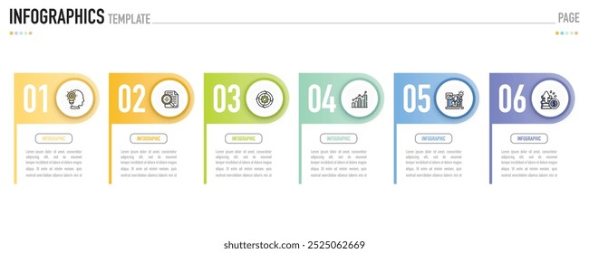 Zirkuläre Infografik-Vorlage oder -Element mit 6 Schritten, Prozess, Option, bunt verbundenem horizontalem Kreis-Label, Schatten, Minimalstil zum Verkauf Folie, Agenda, Zeitplan, Flussdiagramm, Workflow, Kalender