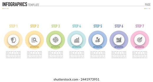 Plantilla infográfica circular o elemento con 7 pasos, proceso, opción, círculo 3D colorido, etiqueta, botón, etiqueta, iconos, fila, barra, embudo, espina de pescado, diagrama de árbol para la diapositiva de venta, web, diagrama de flujo