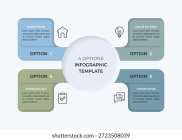 Modelo infográfico circular com quatro cartões de opção ligados ao círculo central