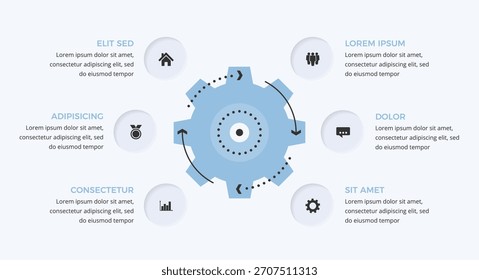 Plantilla circular de infografía con un engranaje y seis Elementos conectados