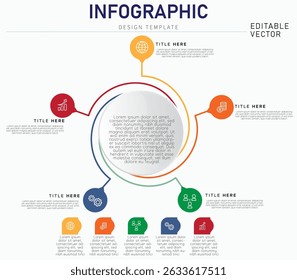 Circulaire Infographic Sjabloon met Grote Lichtgrijze Centrale Cirkel Minimalistische Moderne Stijl, Ontworpen voor Data, Tekst en Iconen