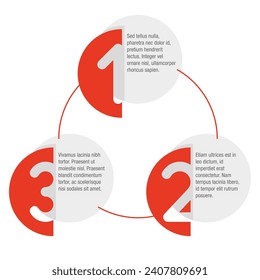 Plantilla de infografía circular. Tres pasos o puntos de color rojo. Forma semicírculo con dígitos como espacio negativo