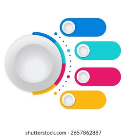 Línea de tiempo circular de la infografía con los pasos de la flecha y los Botones brillantes 3D en fondo oscuro del degradado