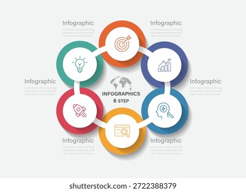 Diagrama de Vector de infografía circular con 6 pasos u opción. Cada sección incluye iconos, marcadores de posición de texto.