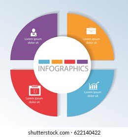 Circular infographics of 4 steps, segments for annual reports, charts, presentations, workflow layout, banner, number options, step up options, web design with symbols and space for text.