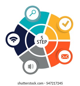 Circular infographics of 5 steps, segments for annual reports, charts, presentations, web design with symbols and space for text