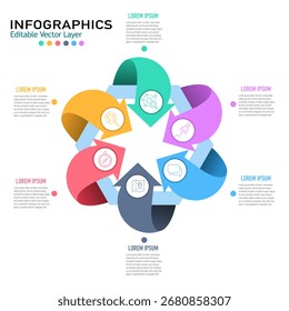 Infografía circular con 6 opciones y un icono central. Se puede utilizar para presentaciones, conceptos comerciales o diagramas de flujo de trabajo.
