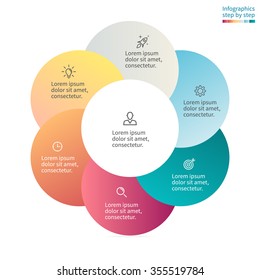 Circular Infographics With Colored Circles. Diagram, Chart With 6 Steps, Options, Parts, Processes With Petals.