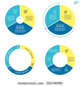 Circular infographics with colored sections. Chart, diagram with 3 steps, options, parts, processes. Vector circle template in blue and yellow.