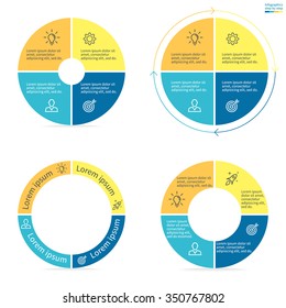 Circular infographics with colored sections. Chart, diagram with 4 steps, options, parts, processes. Vector circle template in blue and yellow.