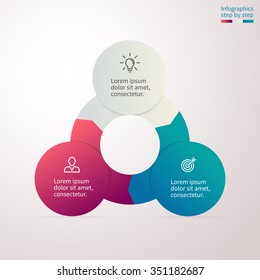 Circular infographics with colored sections. Chart, diagram with 3 steps, options, parts, processes. Vector circle chart template.