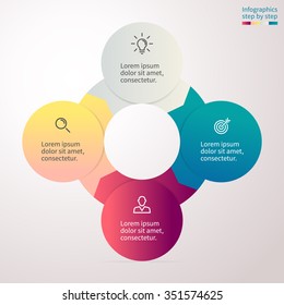 Circular infographics with colored sections. Chart, diagram with 4 steps, options, parts, processes. Vector circle chart template.