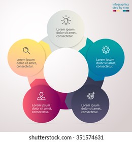 Circular infographics with colored sections. Chart, diagram with 5 steps, options, parts, processes. Vector circle chart template.