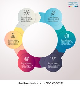 Circular Infographics With Colored Sections. Chart, Diagram With 6 Steps, Options, Parts, Processes. Vector Circle Chart Template.