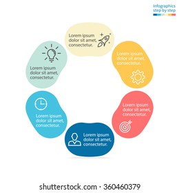 Circular infographics. Flat pie chart, graph, diagram with 6 steps, options, parts, processes with rounded section. Vector business template in orange, blue and cream for presentation and training.