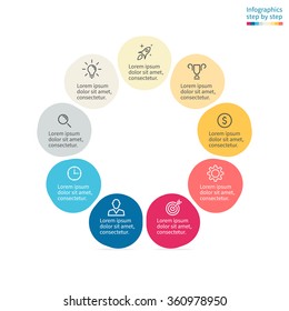 Circular infographics. Flat pie chart, graph, diagram with 9 steps, options, parts, processes with rounded section. Vector business template in orange, blue and cream for presentation and training.