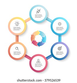 Circular infographics. Hexagon diagram with arrows. Chart, diagram with 6 steps, options, parts, processes. 