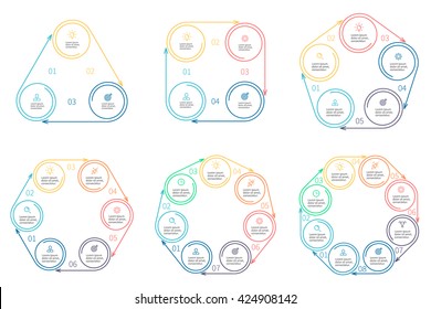 Circular infographics. Outline charts, diagrams with 3, 4, 5, 6, 7, 8 steps, parts. Vector design templates.