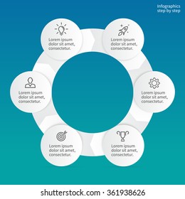 Circular infographics. Pie chart, graph, diagram with 6 steps, options, parts, processes with arrows. Vector business template in white and gray for presentation, report, round chart.