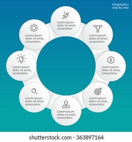 Circular infographics. Pie chart, graph, diagram with 8 steps, options, parts, processes with arrows. Vector business template in white and gray for presentation, report, round chart.