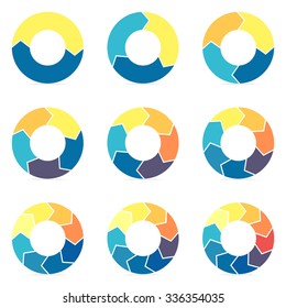 Circular infographics. Pie charts with 2, 3, 4, 5, 6, 7, 8, 9, 10 steps, options, parts with arrows. Vector business templates in blue and yellow for presentation.