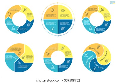 Circular infographics. Pie charts, graphs, diagrams with 4 steps, options, parts, processes. Vector business templates in blue and yellow for presentation.