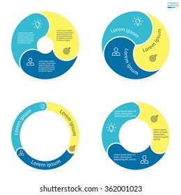 Circular infographics with rounded colored sections. Chart, diagram with 3 steps, options, parts, processes. Vector template in blue and yellow.