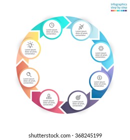 Circular infographics step by step. Chart, graph, diagram with arrows. Circular diagram with 8 steps, options, parts, processes. Vector business template for presentation.